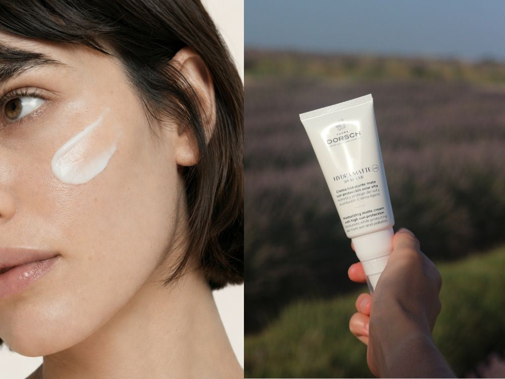 Mujer aplicando HYDRA MATTE de FARMA DORSCH en el rostro para hidratar la piel y controlar los brillos.