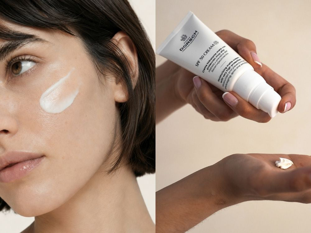 Mujer aplicando SPF50 de FARMA DORSCH en el rostro para proteger la piel antes de la exposición solar.