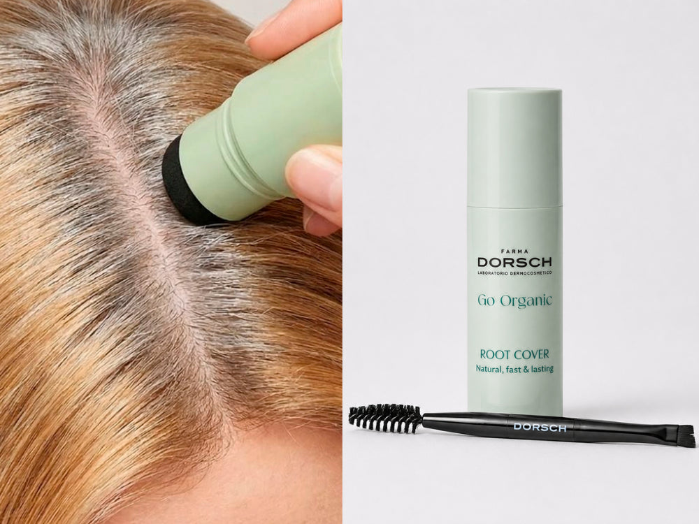 Mujer aplicando CUBRE CANAS RUBIO de FARMA DORSCH en la raíz para disimular canas de forma rápida.
