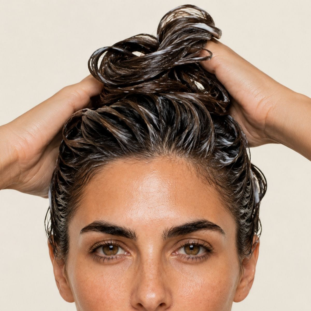 Mujer aplicando ACONDICIONADOR GO ORGANIC de FARMA DORSCH para conseguir un cabello más suave y fácil de peinar