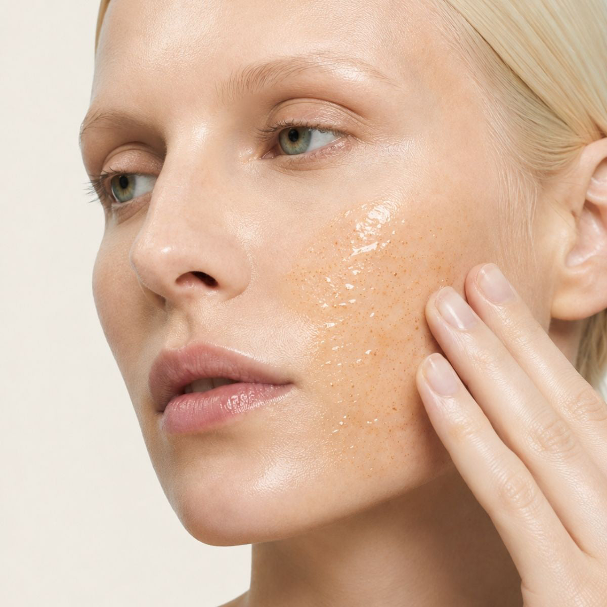Mujer aplicando DERMO PEEL de FARMA DORSCH en la cara para renovar la piel y dejarla más lisa y suave.