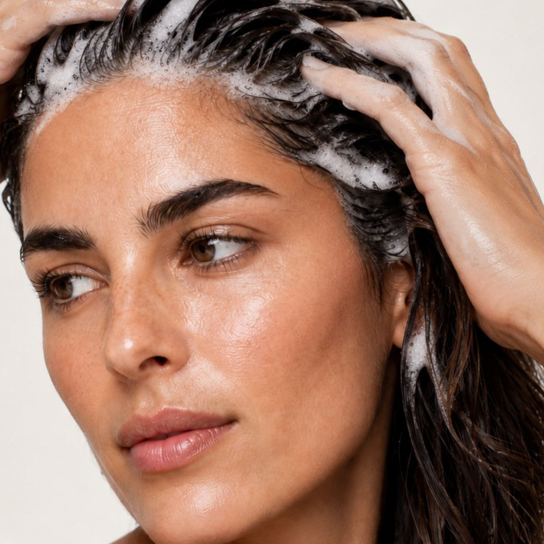 Mujer usando HAIR LOSS SHAMPOO de FARMA DORSCH para fortalecer el cabello y reducir la caída.