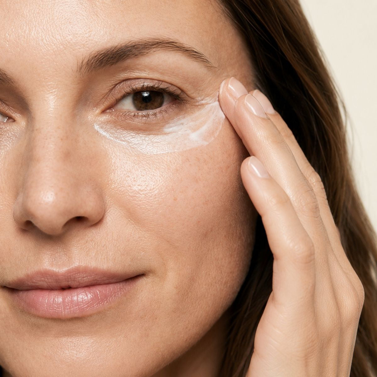Mujer aplicando YOUR EYES de FARMA DORSCH en el contorno de ojos para cuidar bolsas, ojeras y arrugas.