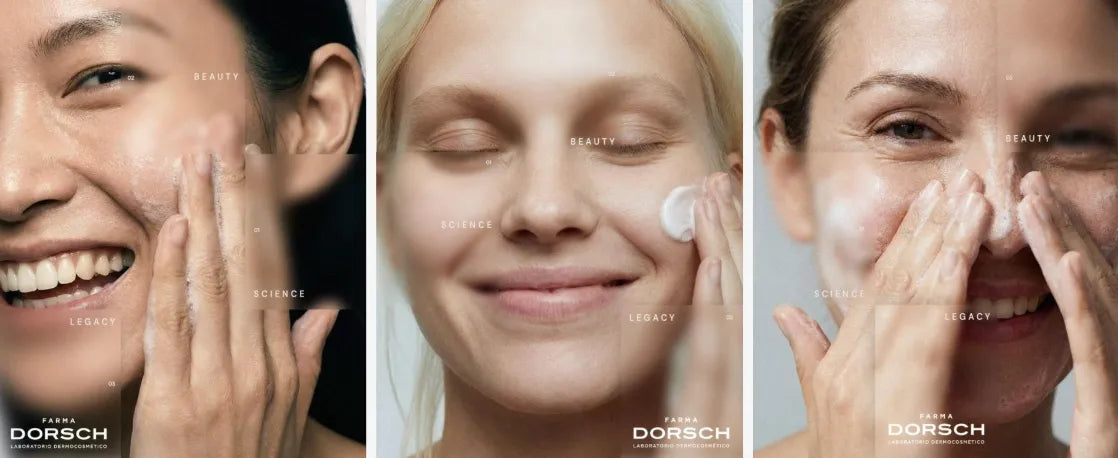 tres mujeres aplicando productos faciales FARMA DORSCH rutina de cuidado de la piel en distintos tipos de piel