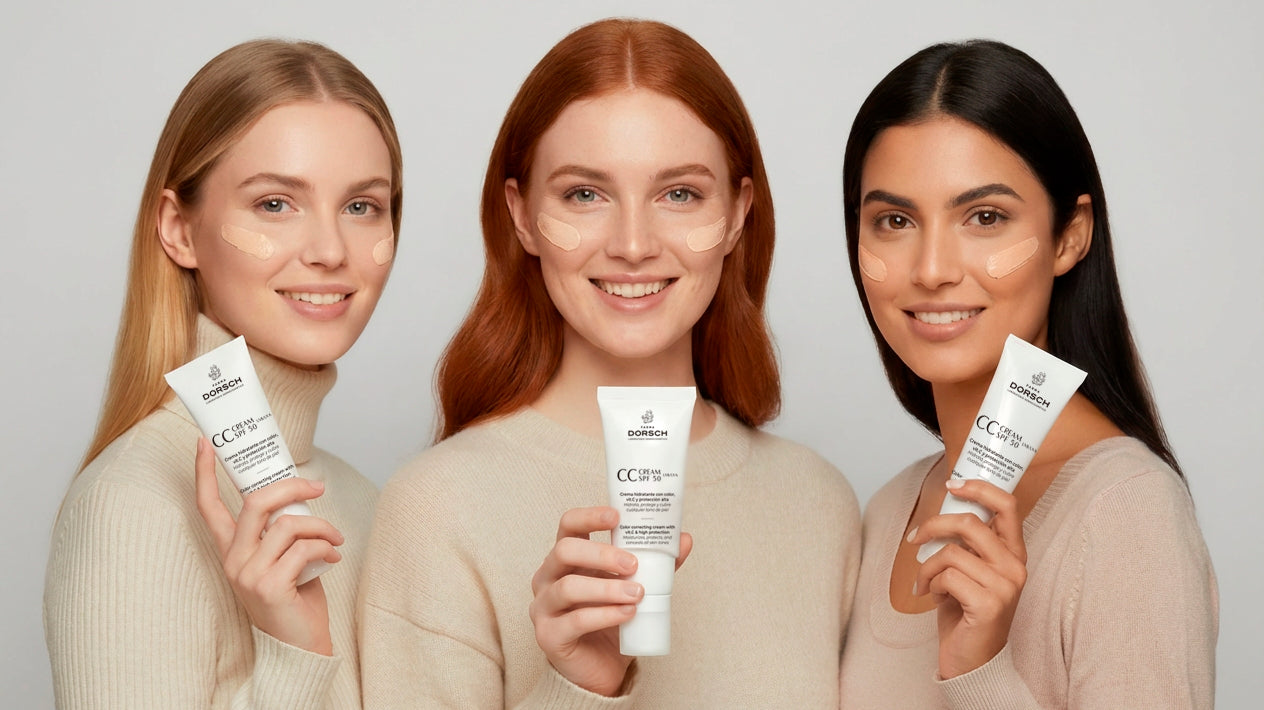 Mujeres con tres tipos de piel probando la textura de la CC Cream SPF 50 de FARMA DORSCH