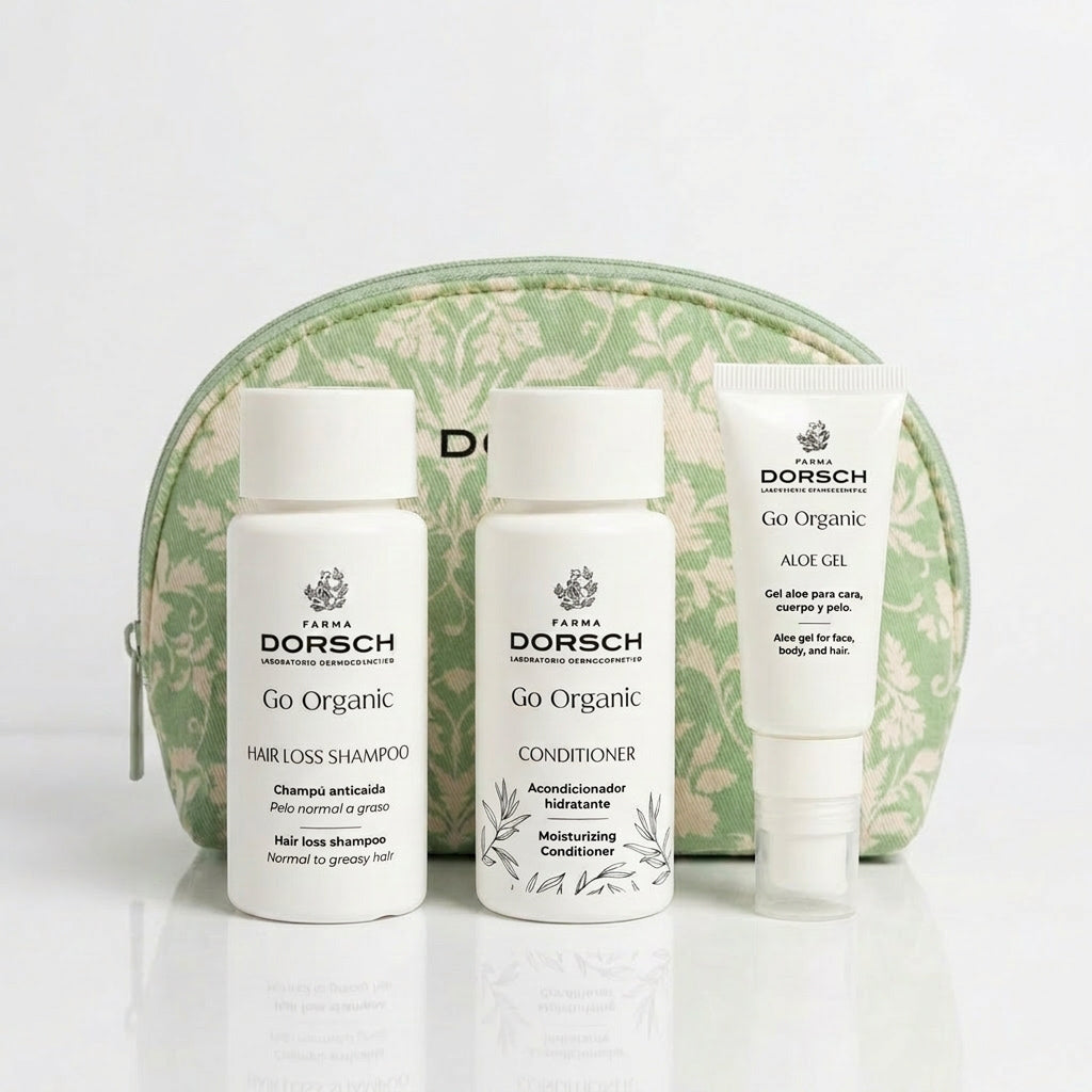 Neceser con productos capilares de FARMA DORSCH tamaño viaje: Hair Loss Shampoo para cabello normal a graso, Conditioner y ALOE GEL. Ideal para regalar o para llevarte de viaje