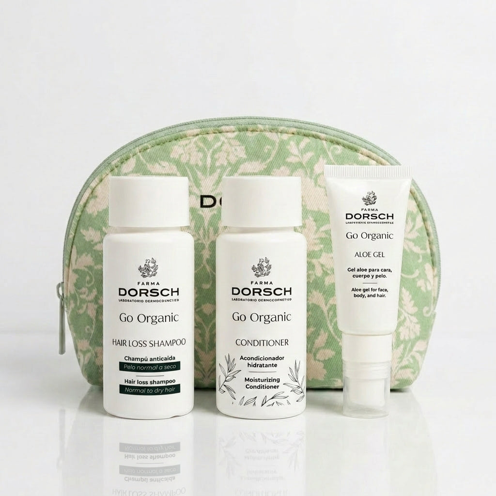 Neceser con productos capilares de FARMA DORSCH tamaño viaje: Hair Loss Shampoo para cabello normal a seco, Conditioner y ALOE GEL. Ideal para regalar o para llevarte de viaje