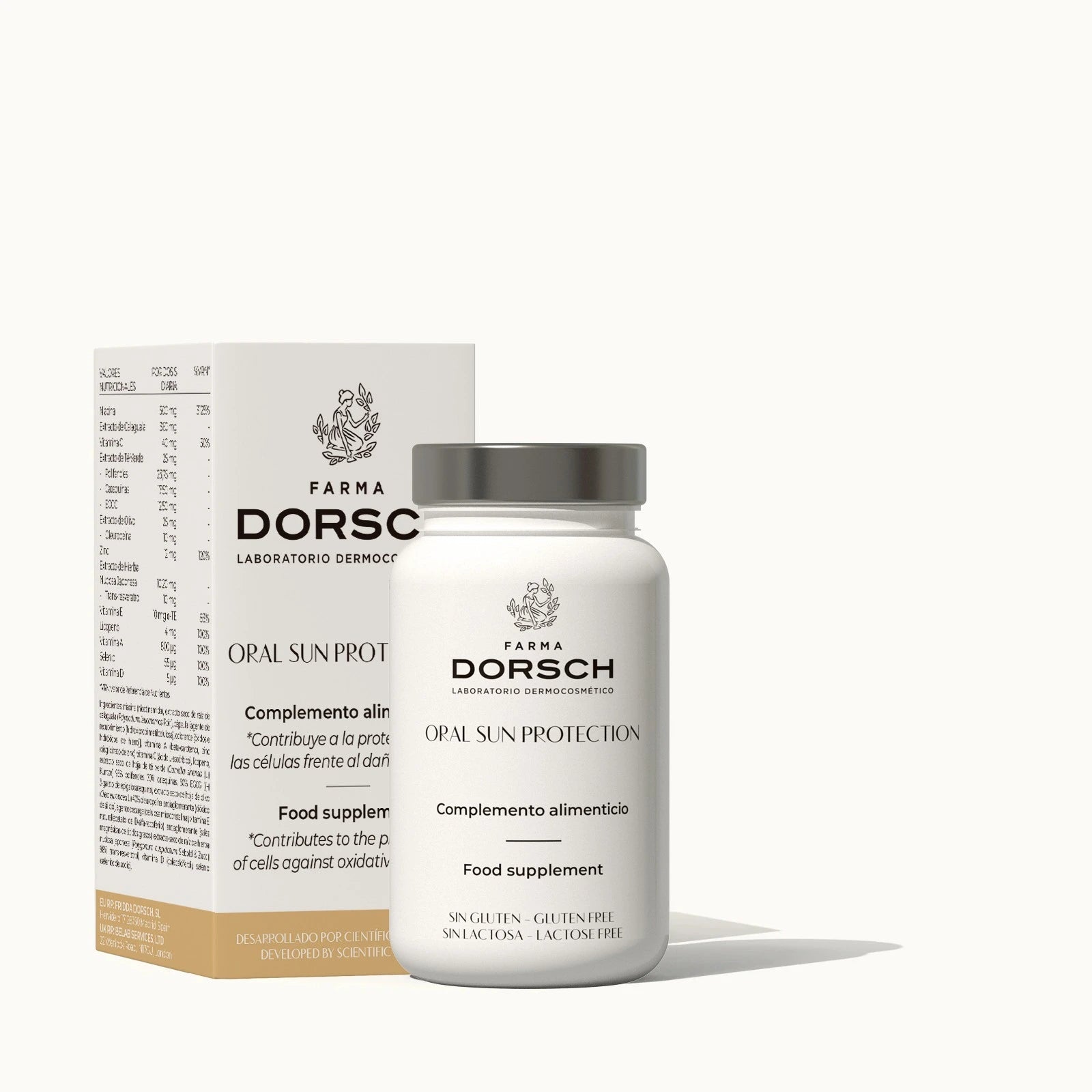 Caja y Frasco de producto de complemento alimenticio de FARMA DORSCH ORAL SUN PROTECTION capsulas de fotoprotección solar de nutricosmetica y dermosocmetica española via oral