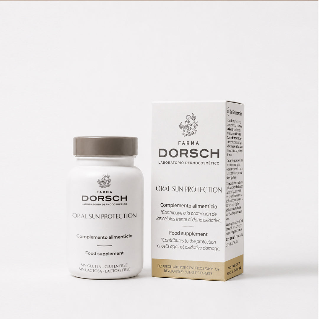 Caja de ORAL SUN PROTECTION de FARMA DORSCH, complemento solar con antioxidantes para el cuidado de la piel.