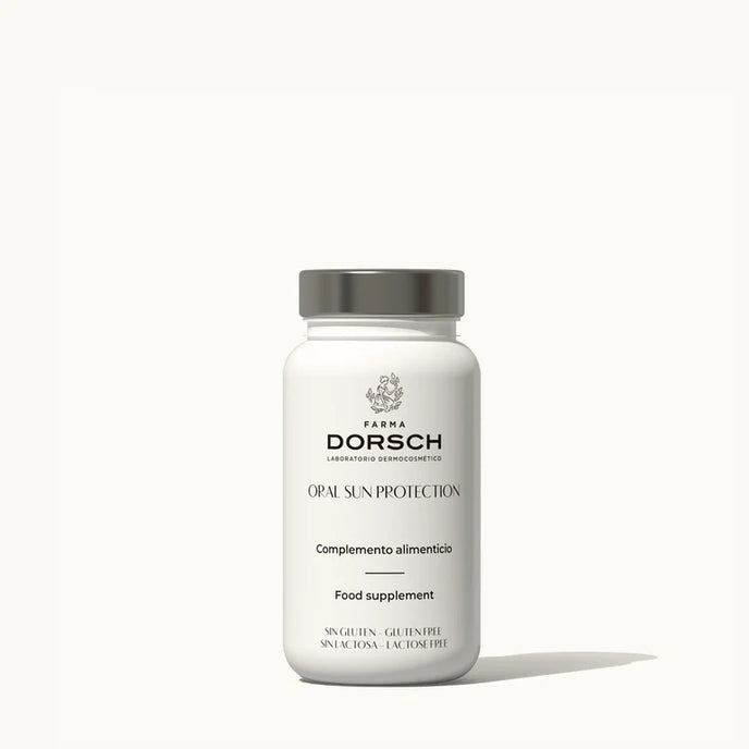 Envase de complemento solar oral sun protection con niacinamida, betacarotenos, te verde resveratrol olivo zinc de FARMA DORSCH para todo tipo de pieles
