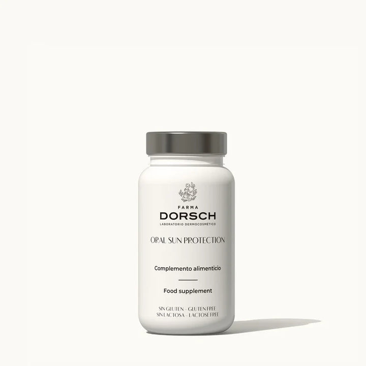 Envase de complemento solar oral sun protection con niacinamida, betacarotenos, te verde resveratrol olivo zinc de FARMA DORSCH para todo tipo de pieles