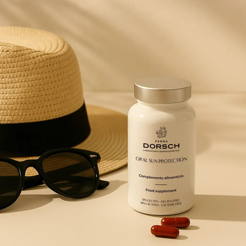 suplemento Oral Sun Protection FARMA DORSCH con cápsulas escena veraniega con sombrero y gafas para cuidado solar
