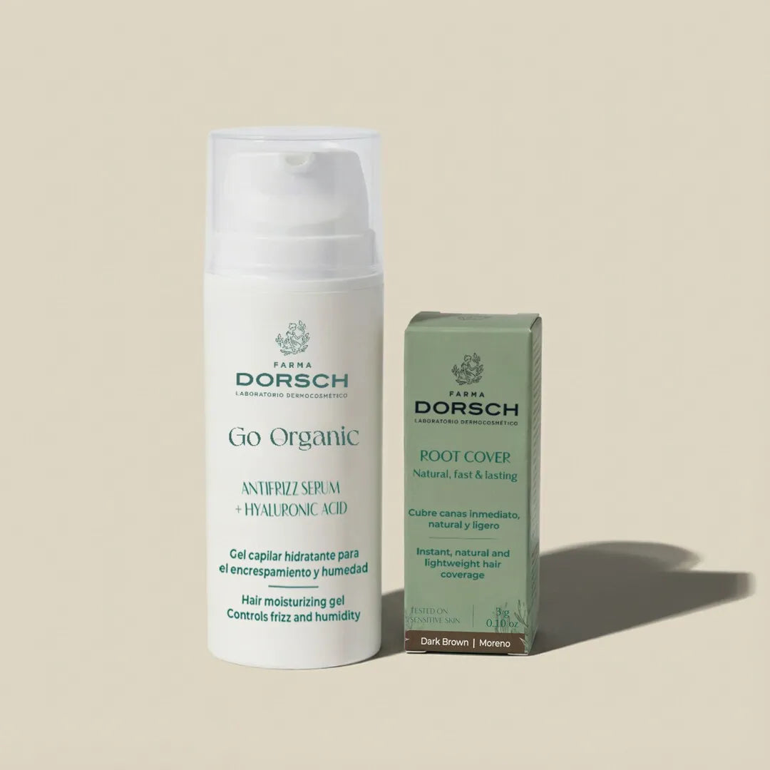 Pack de dos productos que son el Antifrizz y el cubrecana/Root cover castaño oscuro de FARMA DORSCH