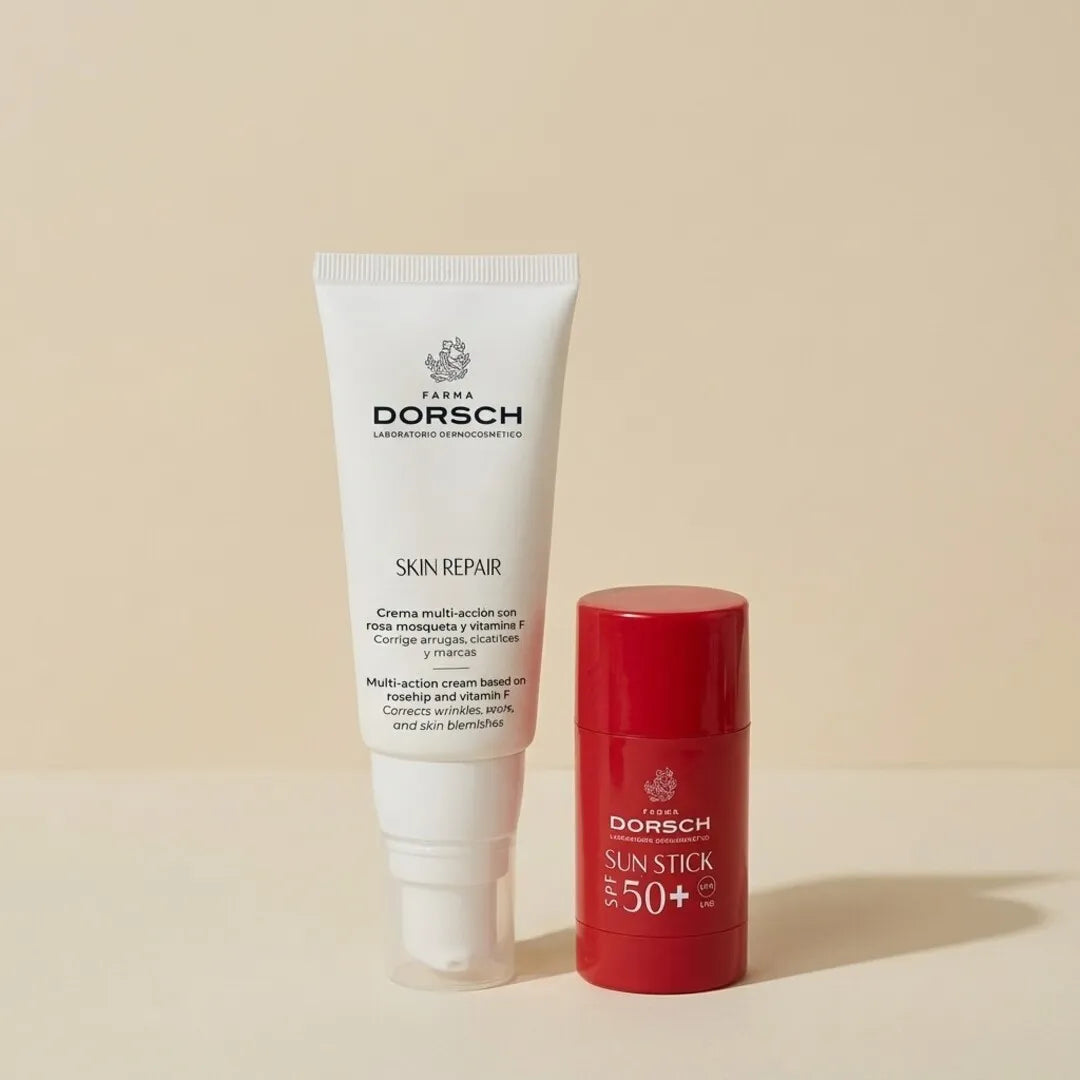 se muestran dos productos de farma dorsch juntos. Uno es el Sun stick y el otro el Skin Repair de FARMA DORSCH