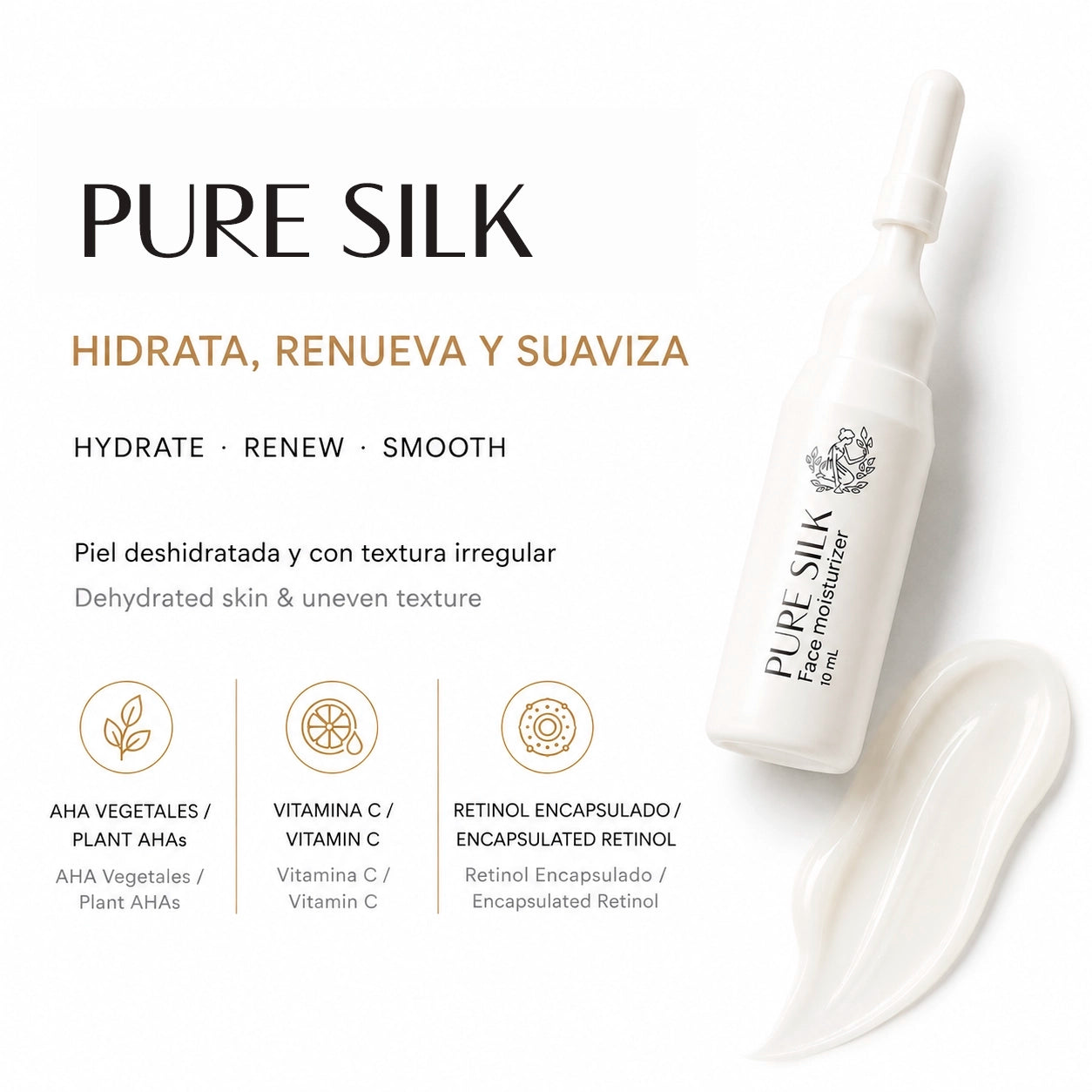 PURE SILK de FARMA DORSCH, hidratante facial con AHA vegetales, vitamina C y retinol encapsulado para hidratar, renovar y suavizar la piel