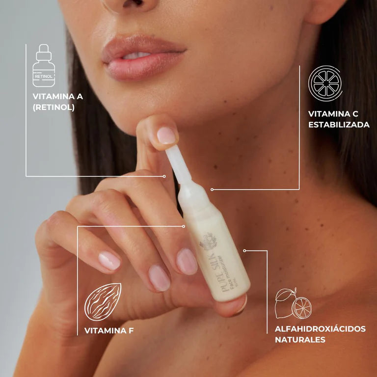Mujer aplicando un sérum facial de Farma Dorsch en formato ampolla, que contiene ingredientes activos como vitamina A (retinol), vitamina C estabilizada, vitamina F y alfahidroxiácidos naturales, indicados sobre la imagen.