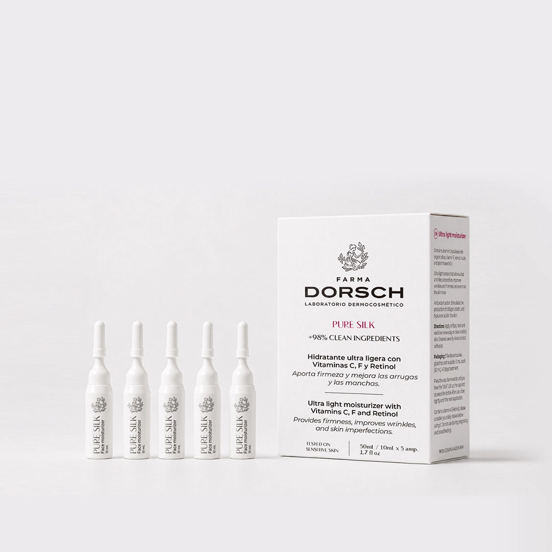 Ampollas PURE SILK de FARMA DORSCH, tratamiento facial en formato viaje para piel seca, apagada o con falta de firmeza.