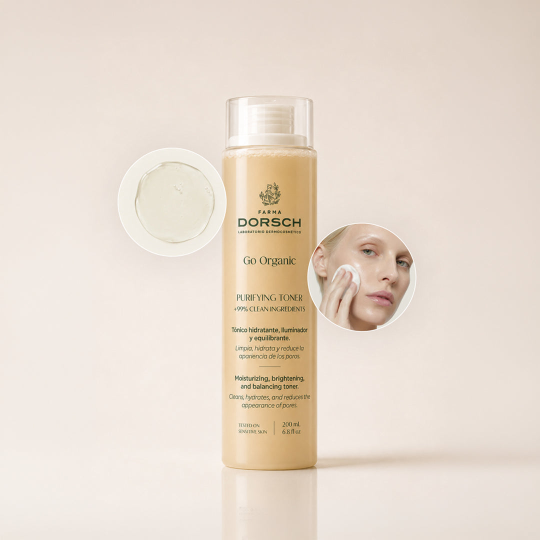 PURIFYING TONER de FARMA DORSCH dentro de una rutina facial para limpiar, equilibrar y preparar la piel.