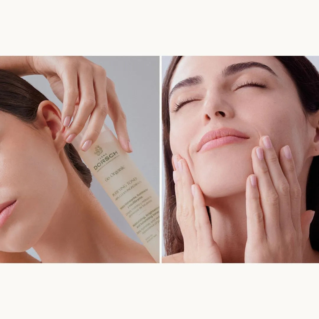 mujer aplicando Purify Toner FARMA DORSCH y piel calmada tras la rutina de cuidado facial