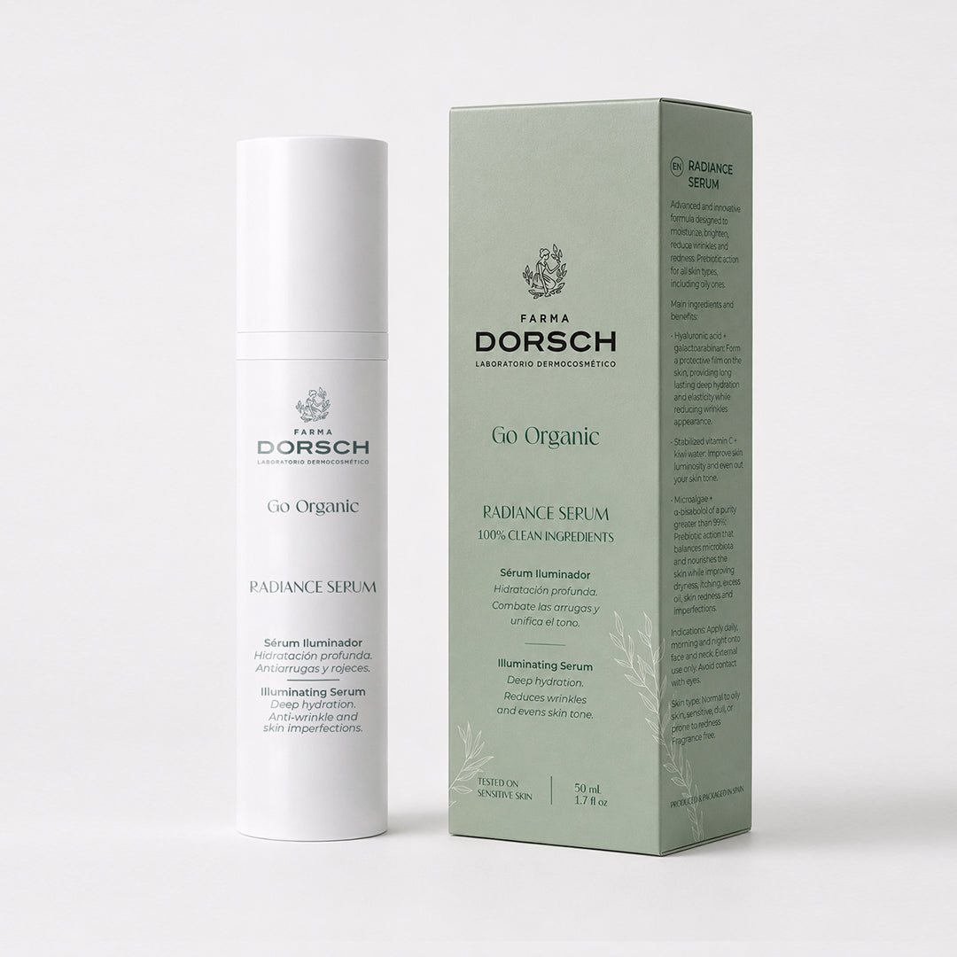 Envase con caja de RADIANCE SERUM de FARMA DORSCH, tratamiento facial para piel apagada, deshidratada o con falta de luz.