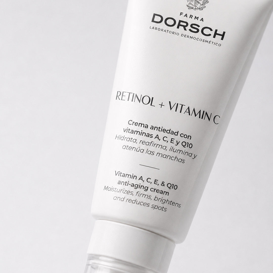 Envase de RETINOL + VITAMIN C de FARMA DORSCH, tratamiento facial antiarrugas para piel con signos de la edad.