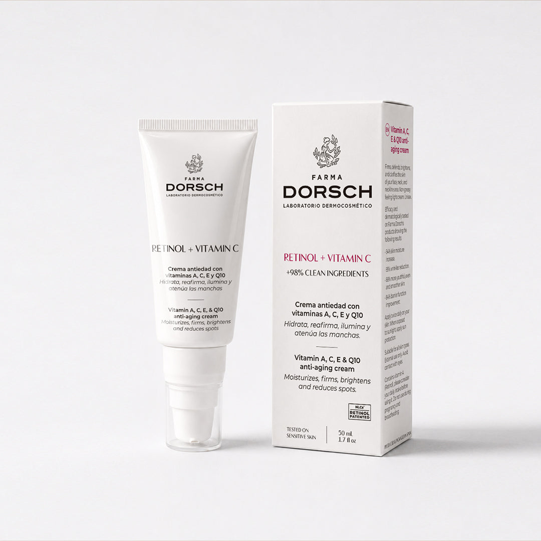 Envase de RETINOL + VITAMIN C de FARMA DORSCH, tratamiento facial antiarrugas para piel con signos de la edad.