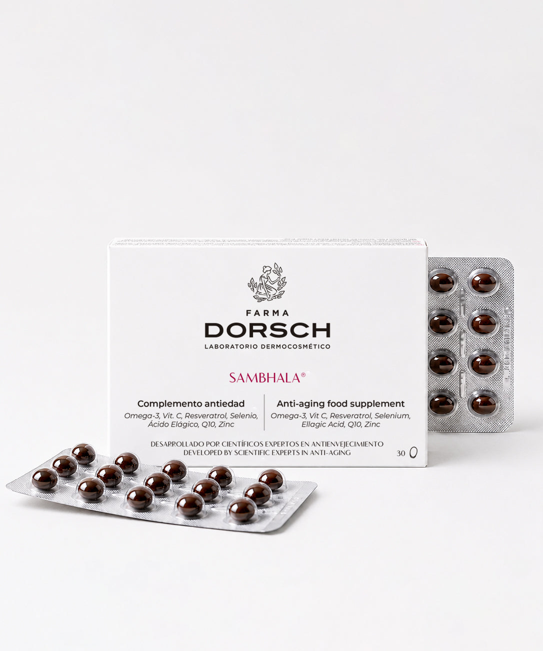 SAMBHALA de FARMA DORSCH, complemento antiedad avanzado para cuidar la piel y el bienestar celular desde el interior.