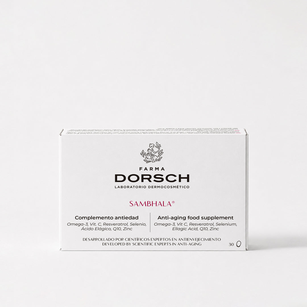 SAMBHALA de FARMA DORSCH, complemento antiedad avanzado con antioxidantes para cuidar la piel y el bienestar celular.