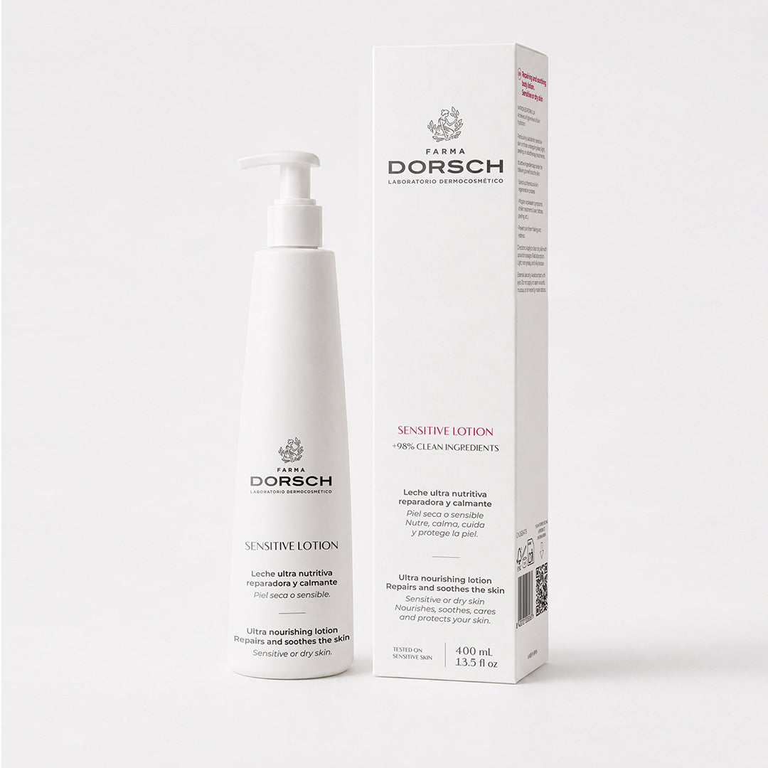 Envase y caja de SENSITIVE LOTION de FARMA DORSCH, crema corporal para cuidar, hidratar y calmar la piel sensible.
