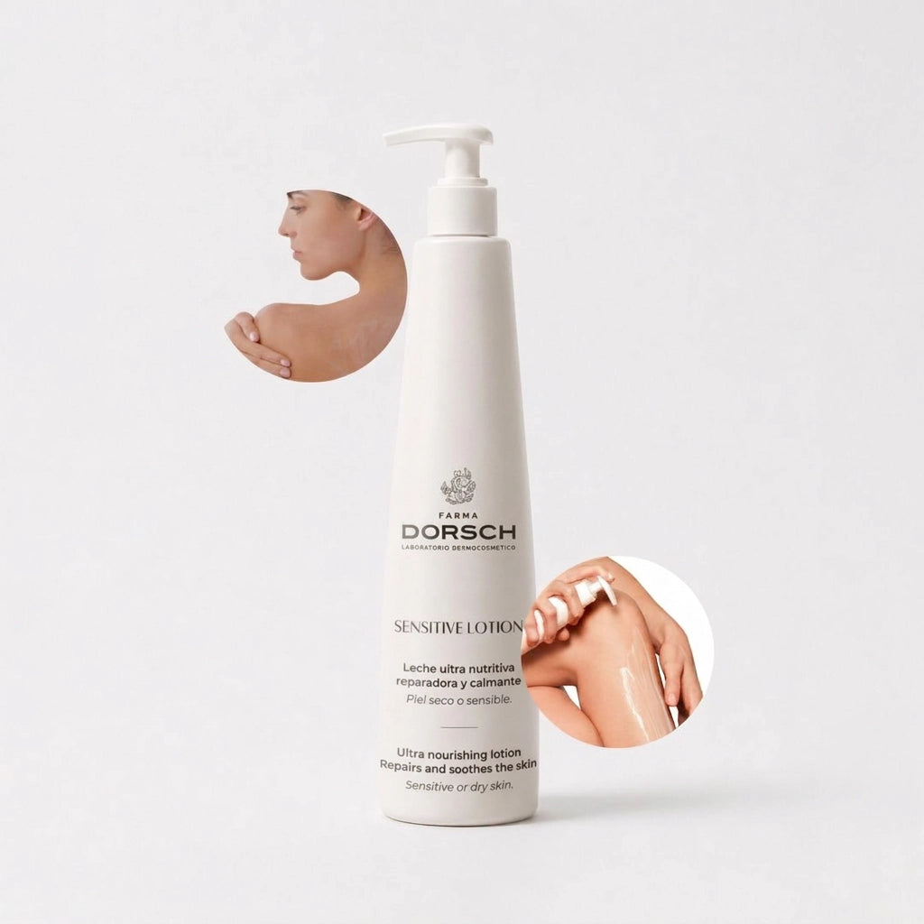 SENSITIVE LOTION de FARMA DORSCH dentro de una rutina corporal para hidratar, calmar y proteger la piel sensible.
