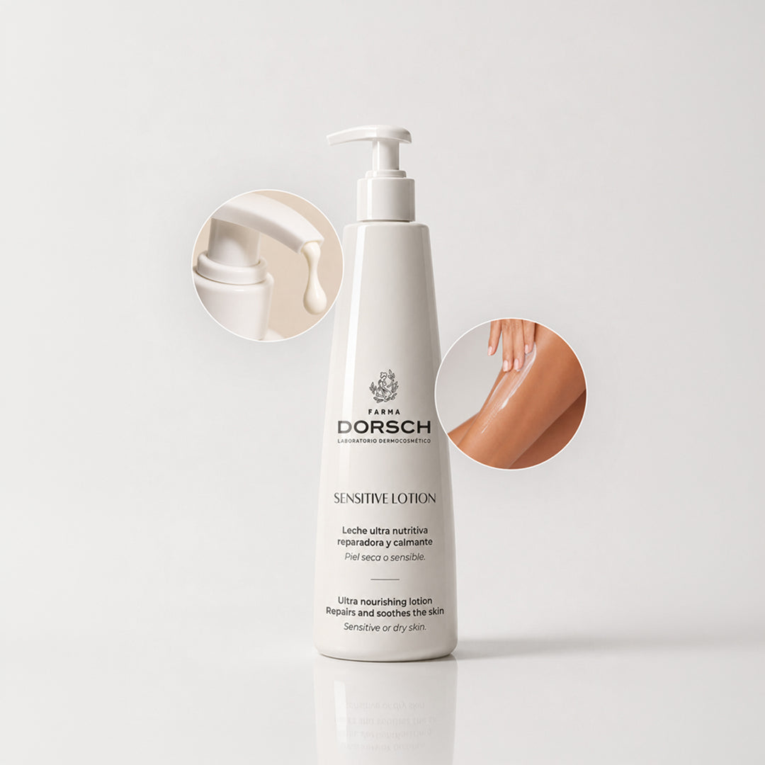 SENSITIVE LOTION de FARMA DORSCH dentro de una rutina corporal para hidratar, calmar y proteger la piel sensible.