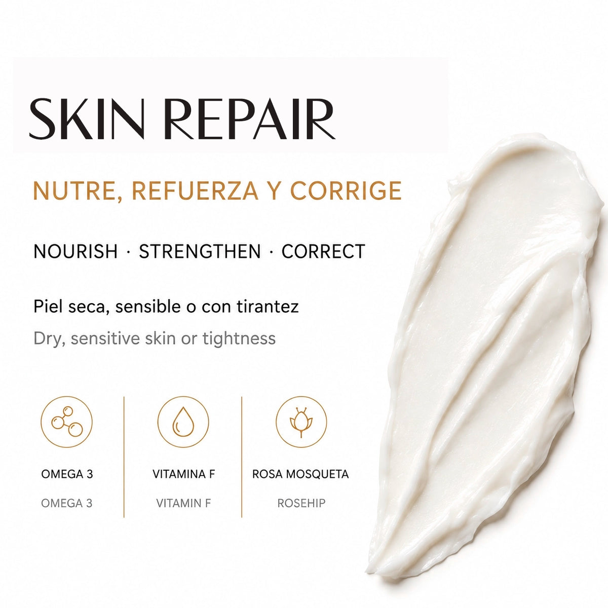 SKIN REPAIR de FARMA DORSCH, hidratante facial con omegas 3, vitamina F y rosa mosqueta. Nutre, refuerza y corrige