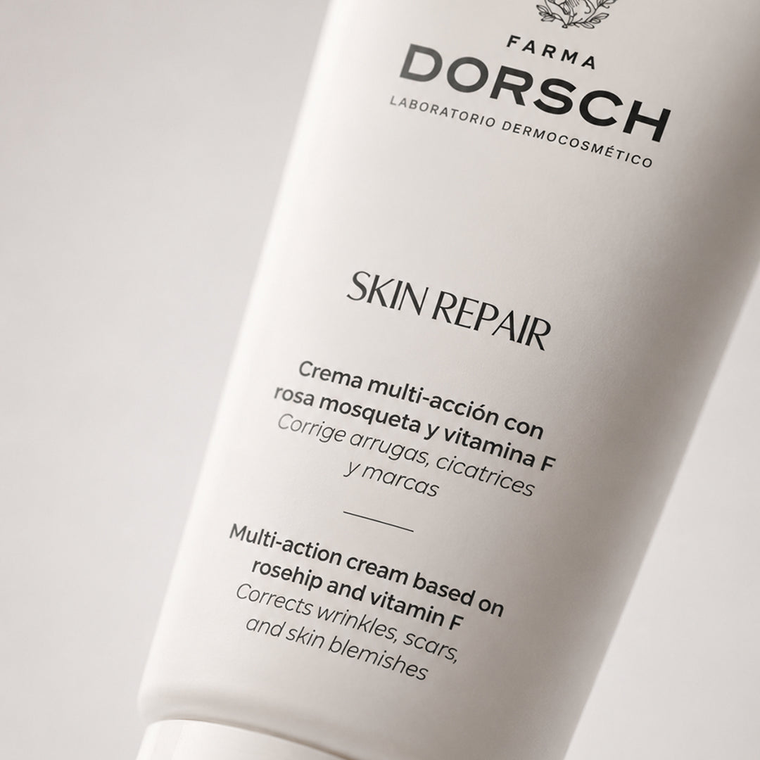 Envase de SKIN REPAIR de FARMA DORSCH, tratamiento facial reparador para piel seca, sensible o debilitada.