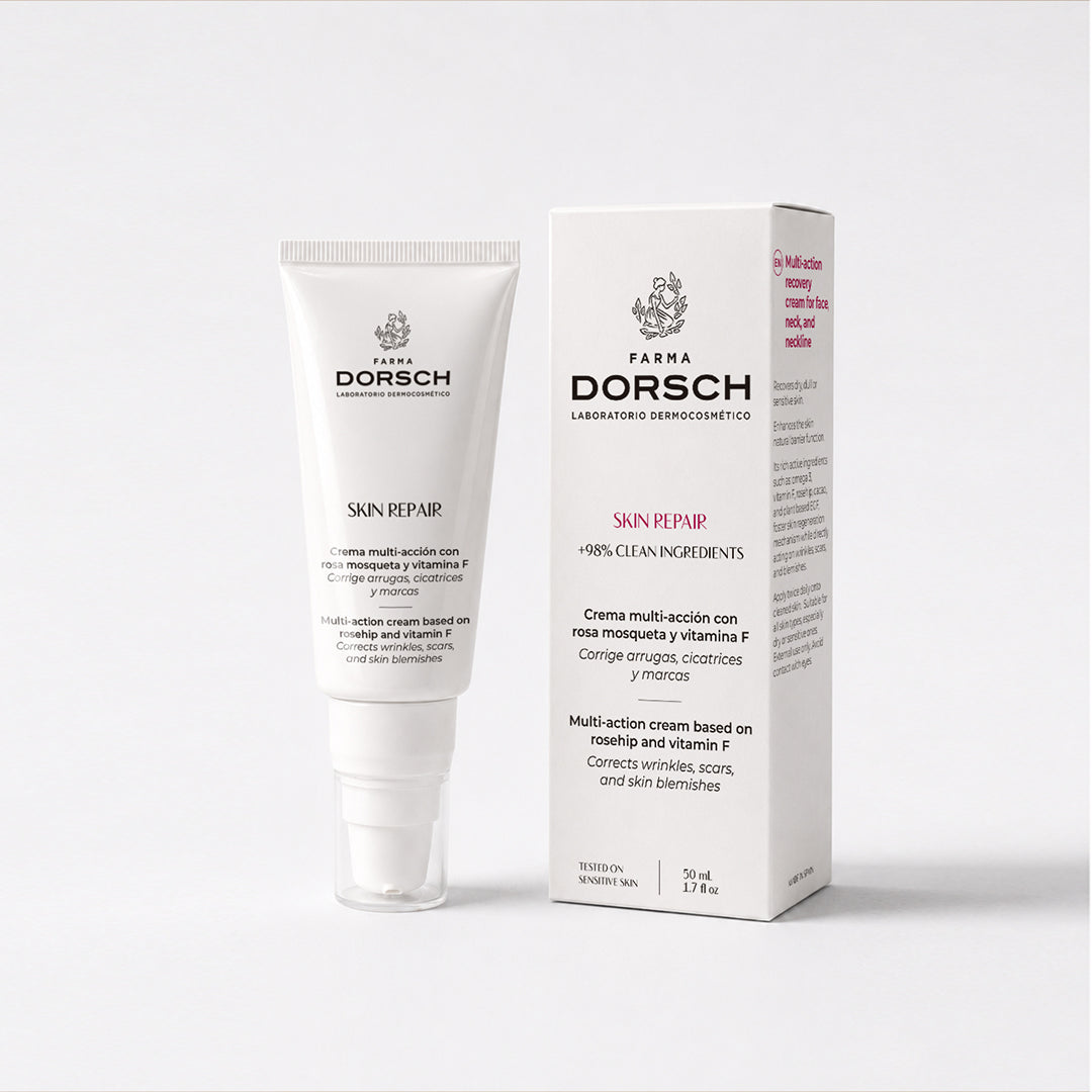Envase de SKIN REPAIR de FARMA DORSCH, tratamiento facial reparador para piel seca, post-tratamiento, sensible o debilitada.