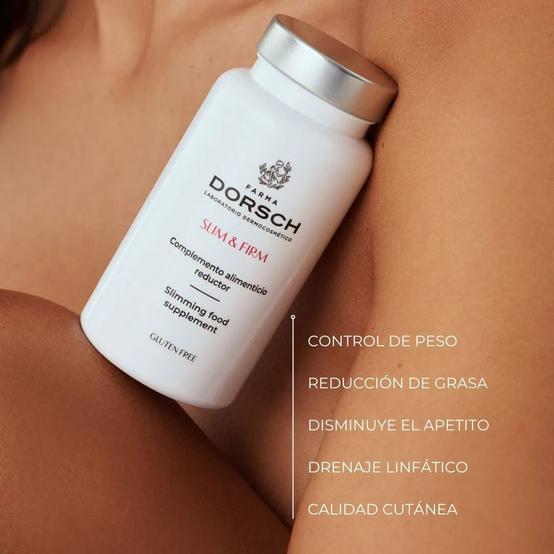 Beneficios del complemento alimenticio Slim & Firm de Farma Dorsch: control de peso, reducción de grasa, disminuye el apetito, favorece el drenaje linfático y mejora la calidad cutánea.