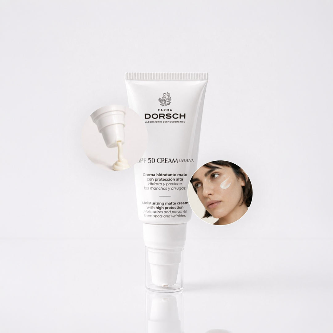SPF50 de FARMA DORSCH junto a una rutina de protección solar facial para ciudad, playa o montaña.