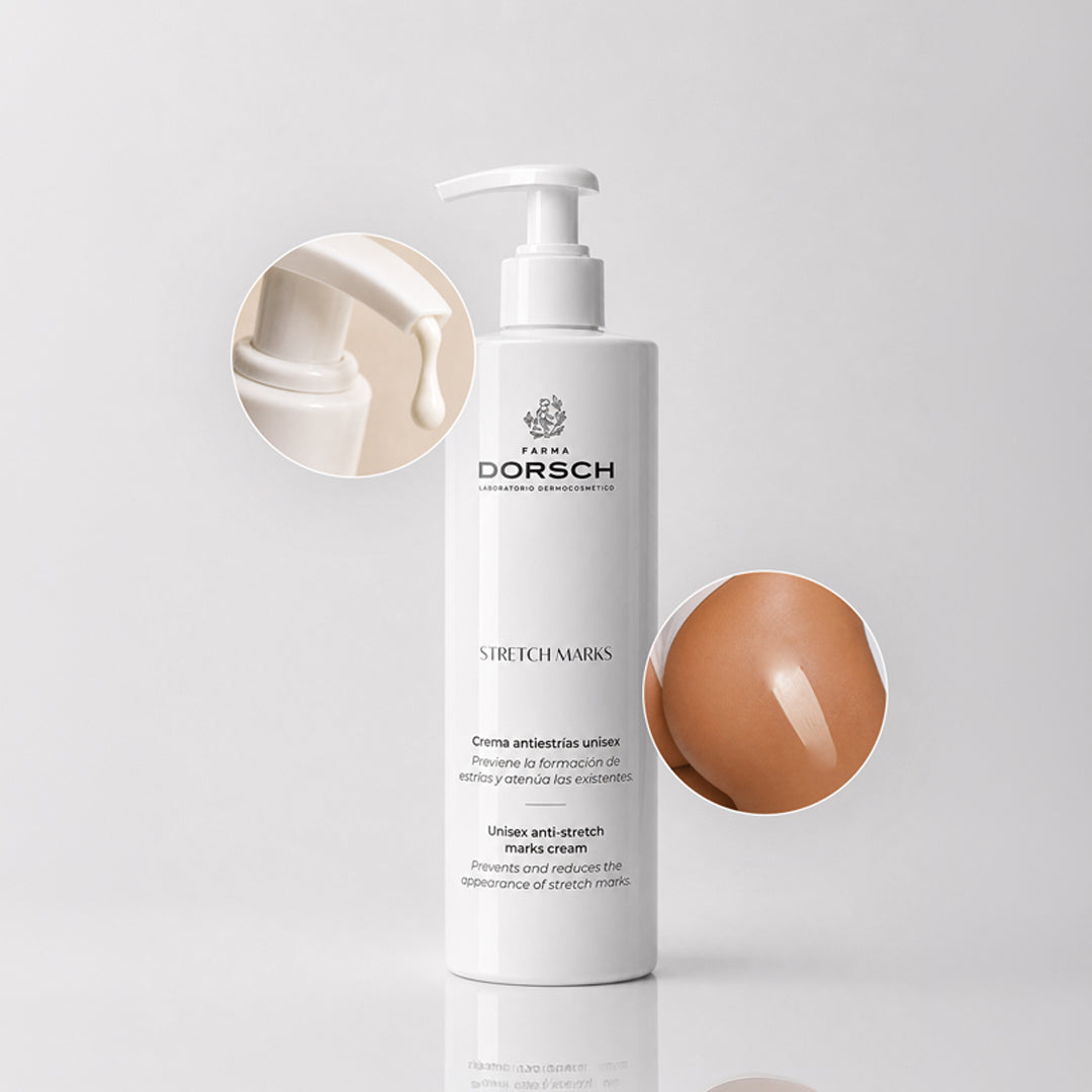 STRETCH MARKS de FARMA DORSCH, crema antiestrías para mejorar la elasticidad, firmeza y aspecto de la piel.