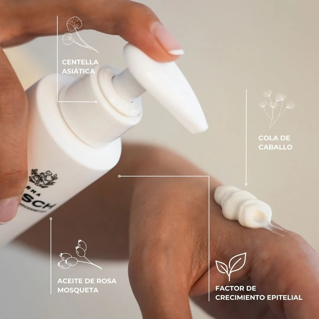 Aplicación de crema FARMA DORSCH sobre el dorso de la mano, mostrando su textura y fórmula rica en ingredientes naturales como centella asiática, cola de caballo, aceite de rosa mosqueta y factor de crecimiento epitelial. Tratamiento reparador y reafirmante para el cuidado de la piel.