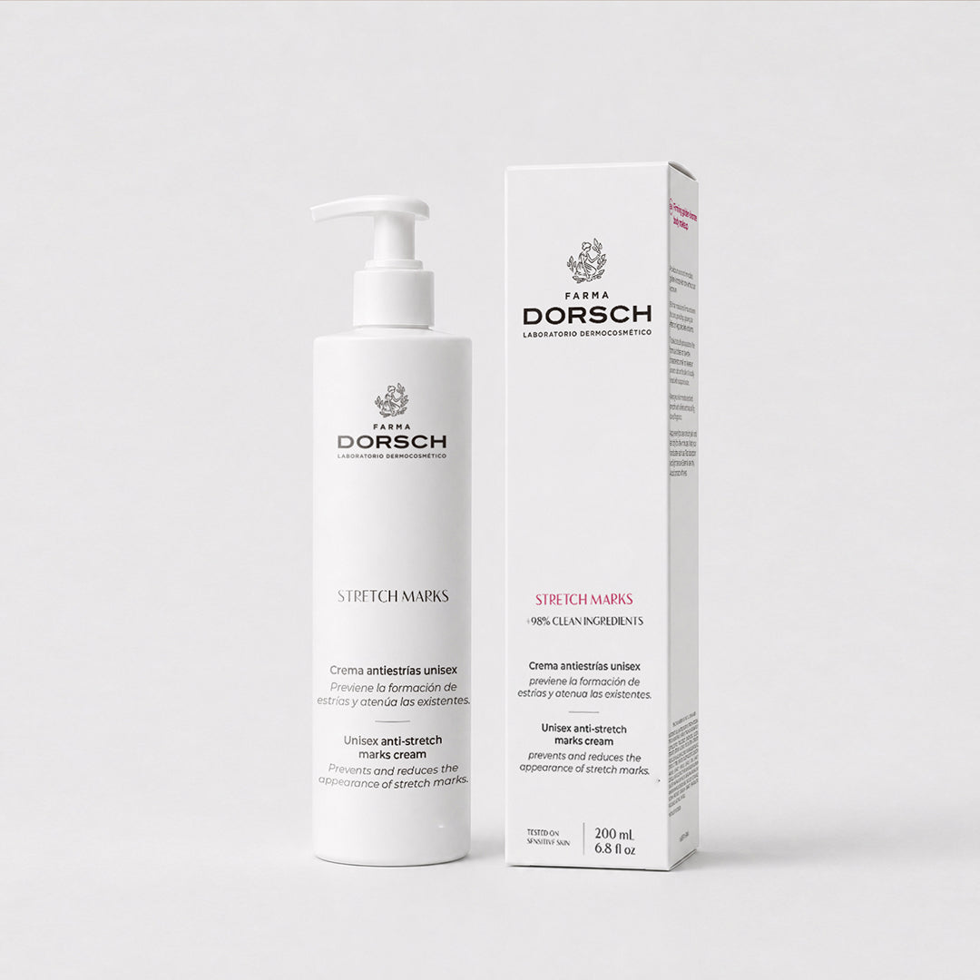 caja de STRETCH MARKS de FARMA DORSCH, crema antiestrías para mejorar la elasticidad y firmeza de la piel.