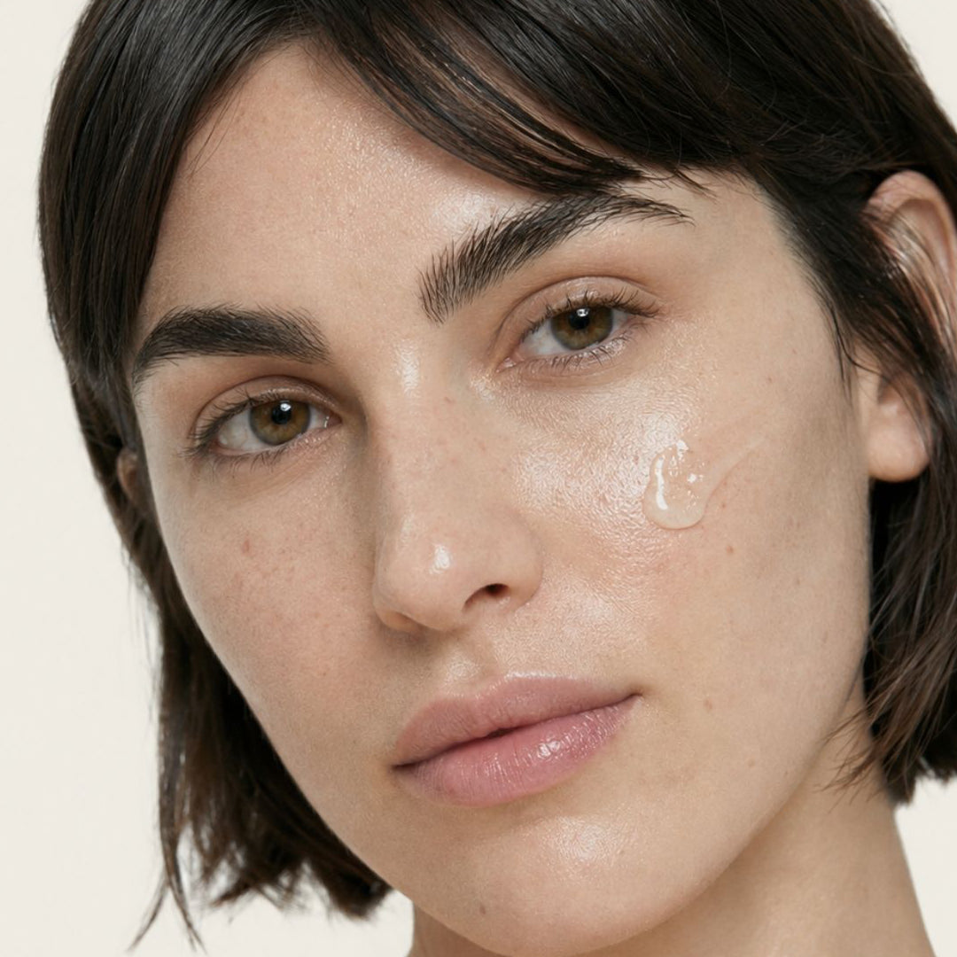 Mujer aplicando SUERUM de FARMA DORSCH en el rostro para hidratar, iluminar y mejorar la textura de la piel.