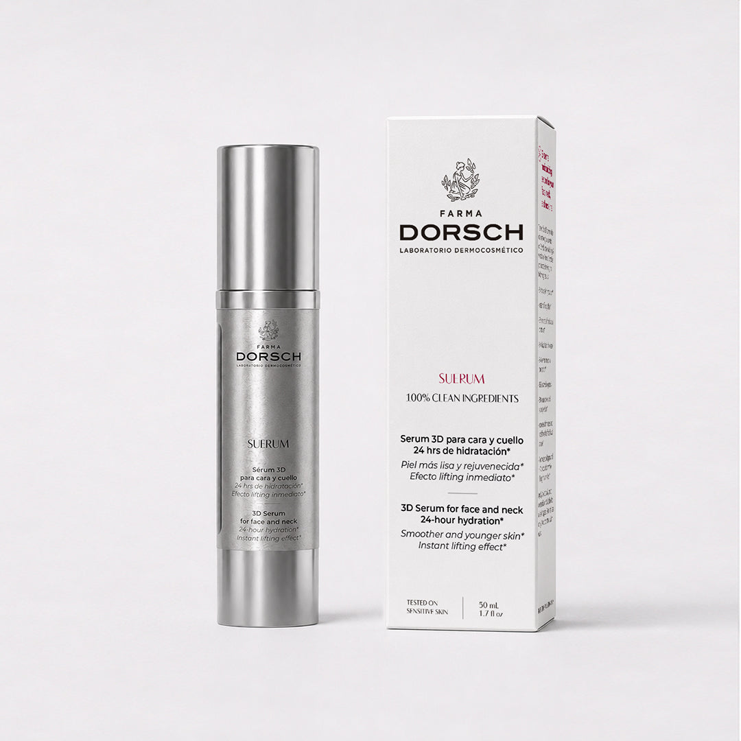 Envase de SUERUM de FARMA DORSCH, tratamiento facial para hidratar, suavizar y cuidar la piel a diario.