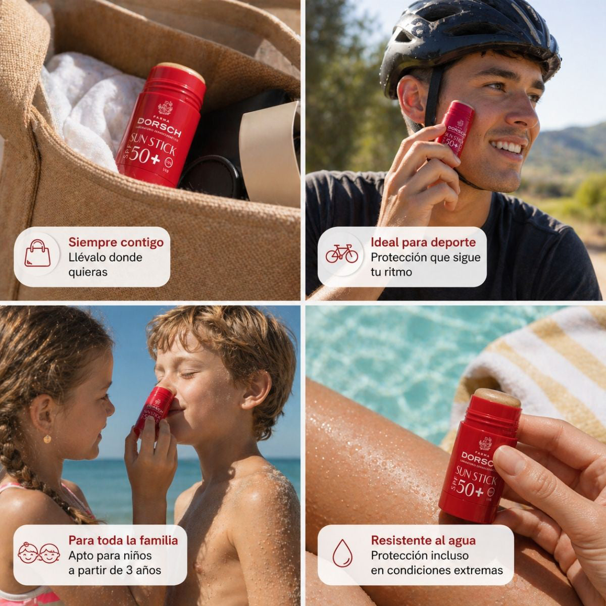 SUN STICK SPF50+ de FARMA DORSCH para proteger la piel del rostro en ciudad, playa, montaña o deporte.